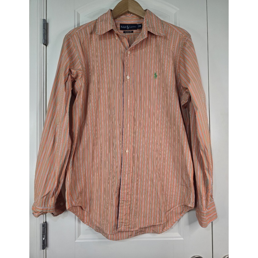 Ralph Lauren Mens Classic Fit Striped Button Down Shirt Orange Green Size M